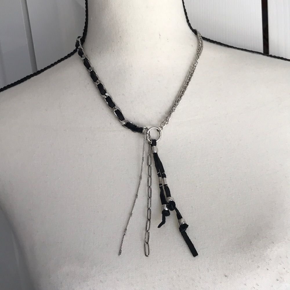 Free People Silver Tone and Black Leather Striped Necklace